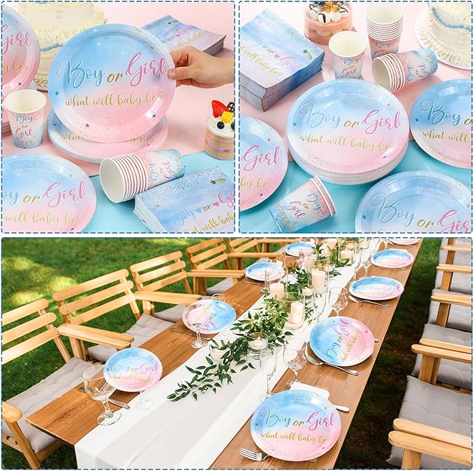 Hushee 200 Pcs Gender Reveal Baby Shower Paper Plates Napkins Cups Baby Shower Party Supplies Tableware Set Disposable Cup Napkin for 50 Guest Party Decoration