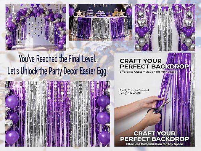 3 Packs Purple Silver Foil Fringe Curtains, Birthday Party Decorations Backdrop Tinsel Steamer, Wedding Engagement Bridal Shower Party Decorations Retirement Decor Graduation Party Backdrop