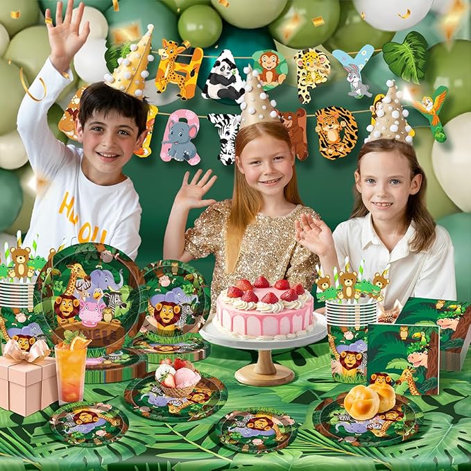 146Pcs Jungle Wild Animal Plates and Napkins Jungle Safari Party Supplies Includes Plates, Napkin, Fork, Cup, Straw, Tablecloth, Banner for Woodland Baby Shower Birthday Party Decorations, Serves 24