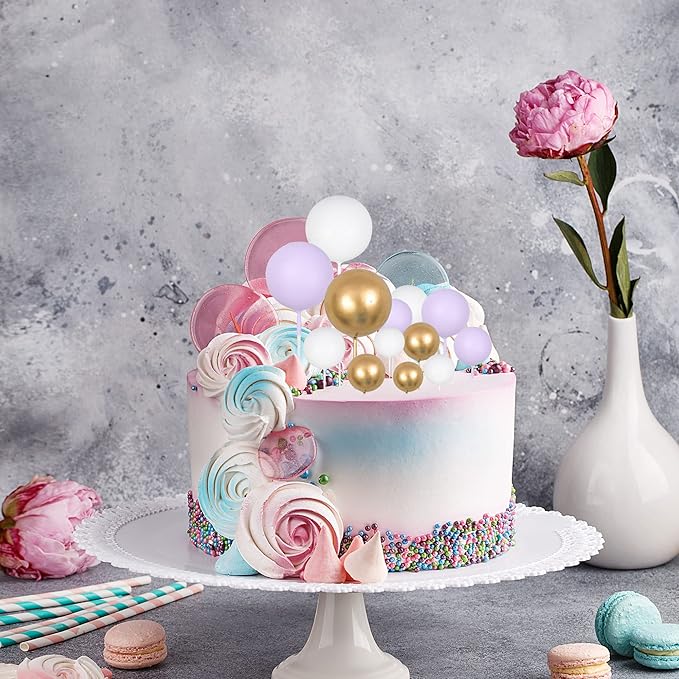 Gyufise 30Pcs Ball Cake Topper Ball Cake Picks Colorful Pearl Ball Shaped Cupcake Insert Cake Topper for Babyshower Birthday Party Favors Wedding Decoration Supplies Purple White Gold