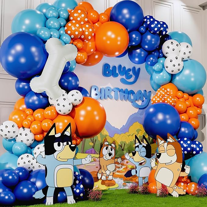 ALL-IN-1 Balloons Arch & Garland Kit with BONUS Dog Bone Small and Large Blue & Orange Party Balloons Blue Themed Party Decorations & Supplies for Boy or Girl Birthday
