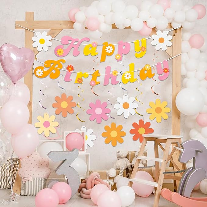 26 PCS Groovy Party Banners Boho Happy Birthday Decorations Daisy Flower Hanging Swirls Retro Hippie Ceiling Streamers for Two Groovy Retro Party Supplies