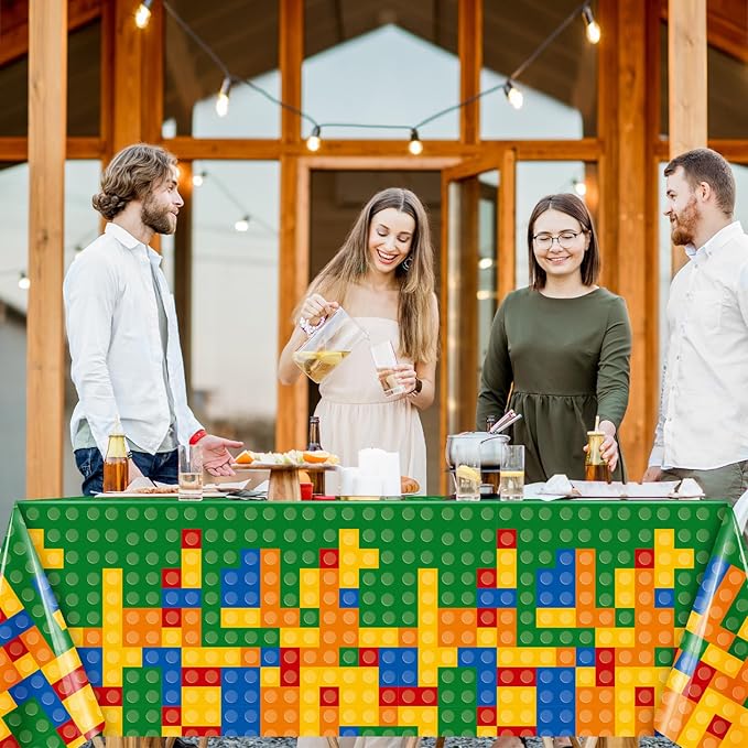 Oudain 2 Pcs Building Block Tablecloths Colorful Building Blocks Birthday Party Decorations 54 x 108 Inch Disposable Plastic Brick Table Cover Waterproof Brick Themed Party Supplies (Red,Green)