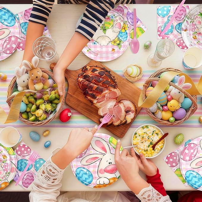 168PCS Easter Party Supplies Easter Egg Party Decorations with Pink Plaid Bunny Paper Plates and Napkins Cups for Spring Themed Easter Birthday Party Serves 24