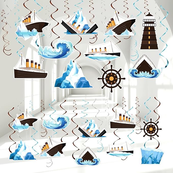 CHUNNIN 60PCS Nautical Party Supplies Cruise Hanging Swirls Ship Swirls Ocean Cruise Party Swirls Foil Ceiling Streamers for Nautical Cruise Theme Party Decor Ocean Theme Shower Birthday Favors