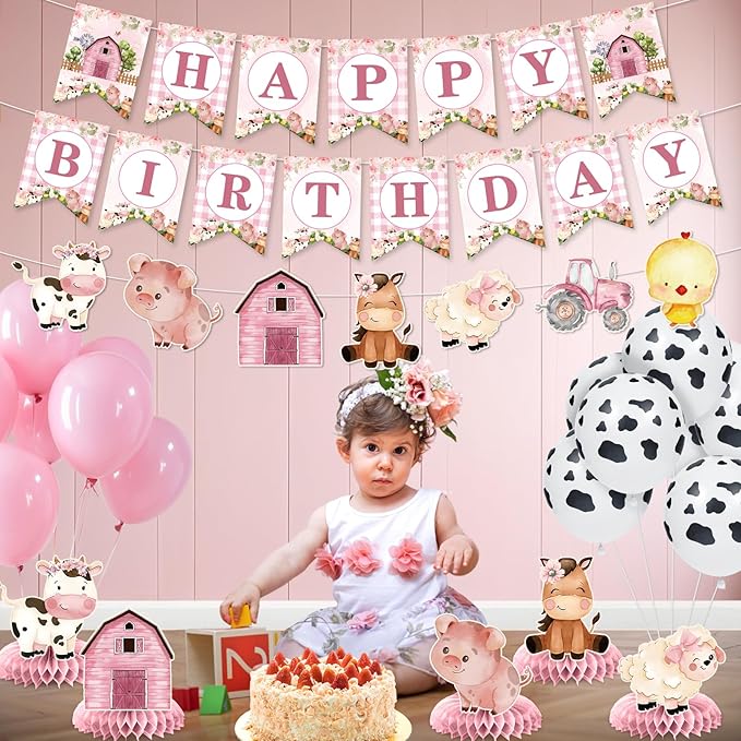 Pink Farm Animals Birthday Party Decorations for Girls Barnyard Baby Shower Supplies Set Includes Happy Birthday Banner Garland Tablecloth Honeycomb Centerpieces Watercolor Cow Pig Sheep Decor