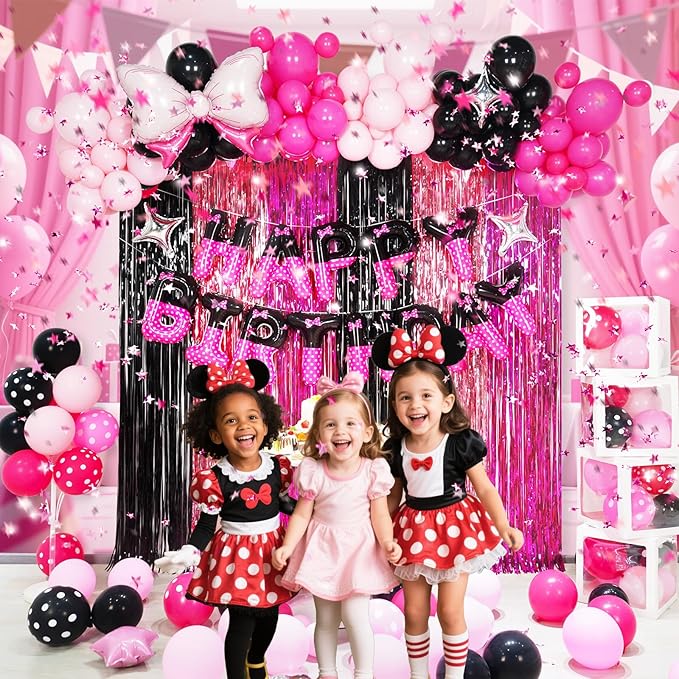 YIIHMEI Cartoon Mouse Birthday Party Decorations Supplies with Black Pink Style Letters Banner Balloons Kit for Girl's-104Pcs