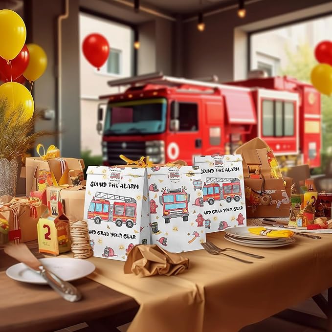 Watercolor Firetruck Party Favor Bags - 24 Pcs Firetruck Party Candy Bags with Stickers - Firetruck Goodie Gift Treat Bags - Watercolor Firetruck Themed Birthday Party Supplies