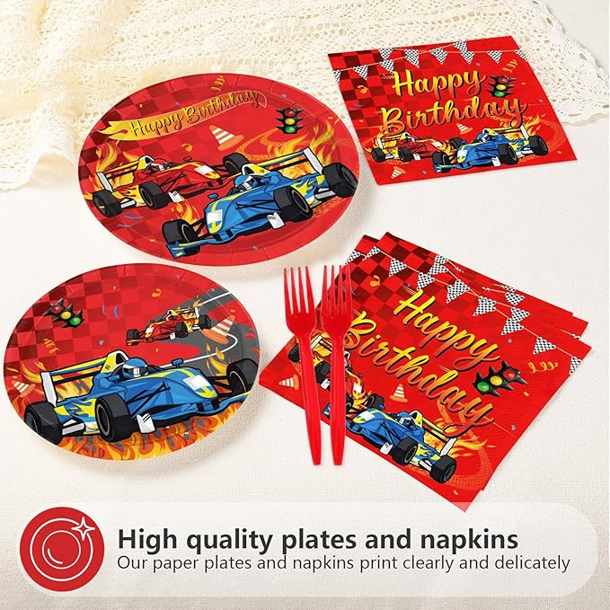 96Pcs Car Racing Birthday Party Decorations Car Birthday Plates and Napkins Sets Red Race Car Themed Decorations for Wheel Sports Boys Birthday Pit Stop Party Supplies Serves 24