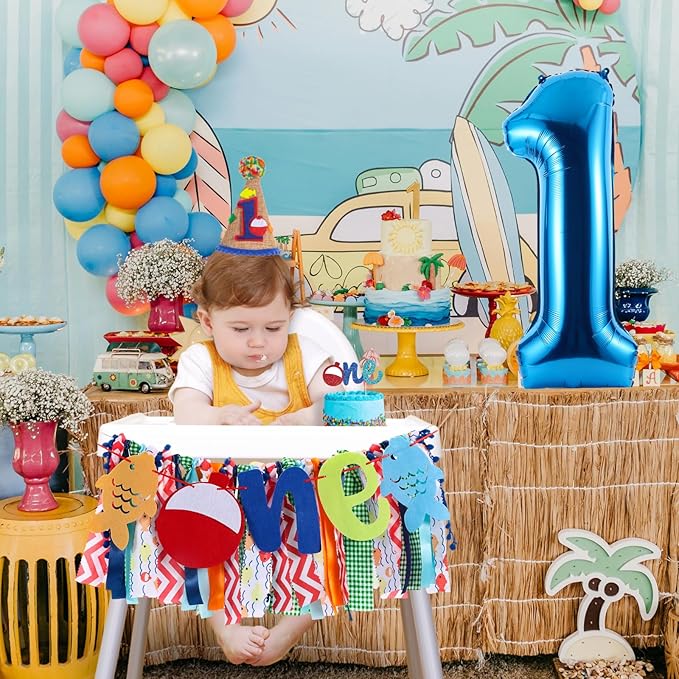 Ofishally Highchair Banner for Baby First Birthday Party Decorations Gone Fishing High Chair Tassel Garland Banner Ofishally One Birthday Party Fabric Banner for Boy 1st Bday Photo Props Backdrop Decors
