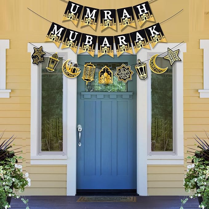 AhfuLife Umrah Mubarak Banner Set, 3 Pcs Pre-Tied EID Decor with Moon Star Garland, Pre Assembly Islamic Party Supplies for Home Outdoor Umrah Mubarak Ramadan Party Decor