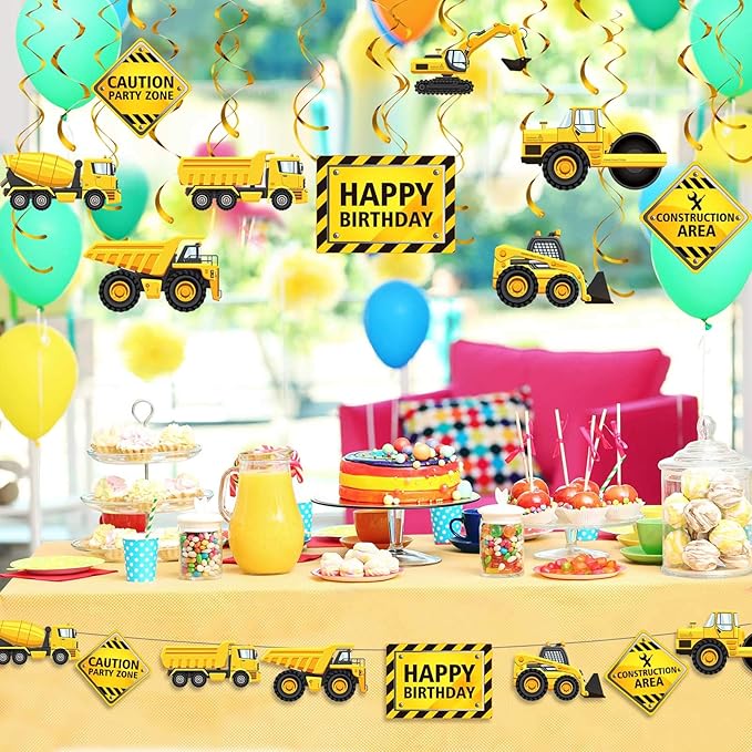 Blulu 30 Pieces Construction Birthday Party Supplies Construction Decoration Zone Party Hanging Swirl Traffic Zone Theme Streamers, Kids Boy Truck Foil Swirls Decorations(Cool)