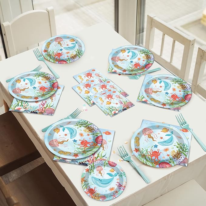 96 Pcs Under The Sea Plates and Napkins Party Supplies Ocean Birthday Party Tableware Set Ocean Animal Underwater Sea Life Party Decorations Favors for Birthday Shower for 24 Guests