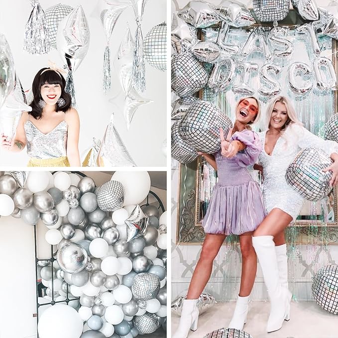 PartyWoo Silver Disco Ball Foil Balloons 3pcs 50 Inch Large Round Foil Big Giant 4D Jumbo Inflatable Mirror Ball Mylar Balloons for Graduation Birthday Engagement Space Themed Party Decorations