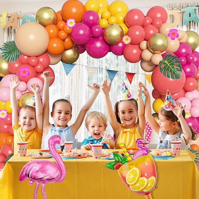 Ouddy Life 178Pcs Tropical Balloons Arch Garland Kit, Luau Tropical Party Decorations with Aloha Pineapple Coconut Hot Pink Aqua Blue Balloons & Palm Leaves for Hawaiian Summer Birthday Supplies