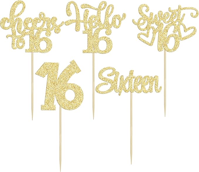 30pcs 16th Birthday Cupcake Toppers - Sixteen Happy 16th Cupcake Picks - Cheers to Sweet 16 Cake Decorations - Gold Glitter