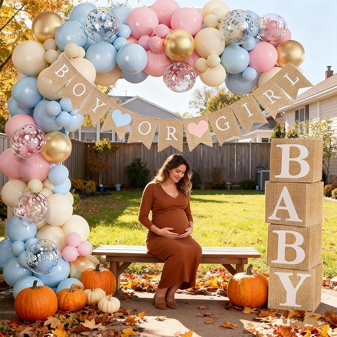 139Pcs Gender Reveal Decorations Kit with Baby Box Pink Blue Balloon Garland Arch Boy or Girl Burlap Banner He Or She Bear Backdrop Baby Shower Gender Reveal Ideas Decor Party Supplies