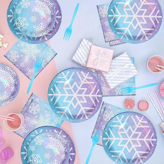 Grencian 96PCS Snowflake Party Decorations Blue Frozen Snowflake Plates and Napkins Disposable Winter Onderland Tableware Set for Winter Baby Shower Birthday Party Supplies, Serves 24