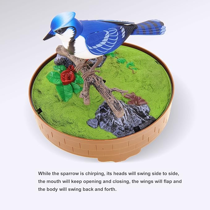 PowerTRC Singing & Chirping Bird in Cage, Realistic Sounds & Movements, Sound Activated, Battery Operated, Great Desk and Room Accessory, Pet Caged Bird Toy (10” x 7”)
