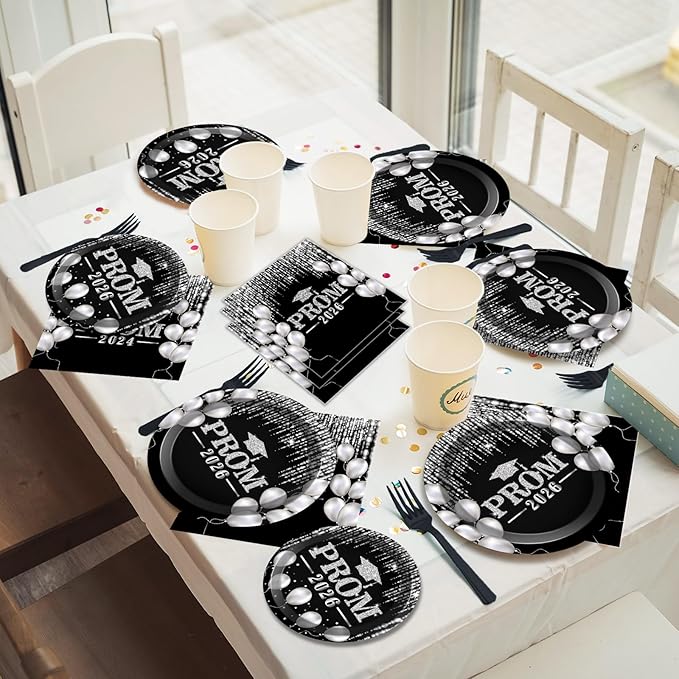 96PCS Prom Night 2026 Party Tableware Set Black Silver Graduation Party Supplies Congrats Class of 2026 Party Disposable Dinnerware Plates Napkins Forks for Graduation Celebration Favors