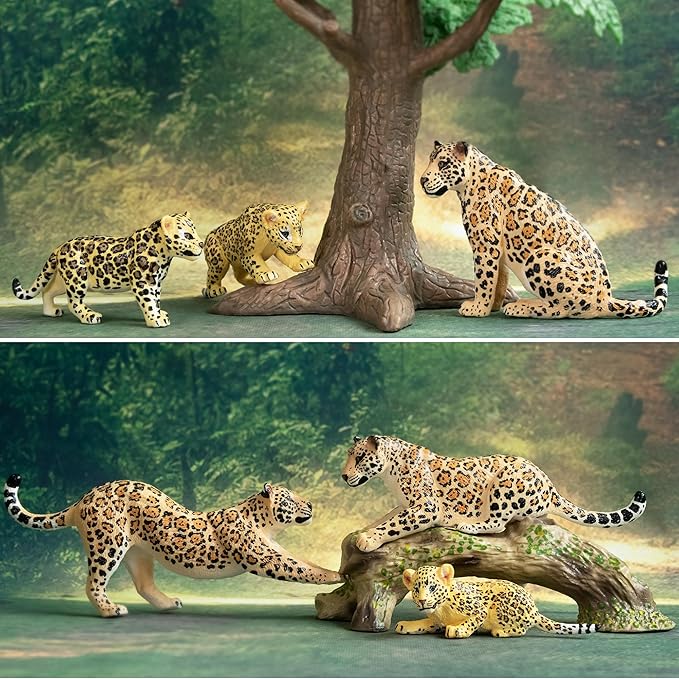 Toymany 7PCS Leopards Figurines with Leopards Cub and Tree Trunk, Realistic Jungle Animals Figures Family Playset, Educational Toy Cake Toppers
