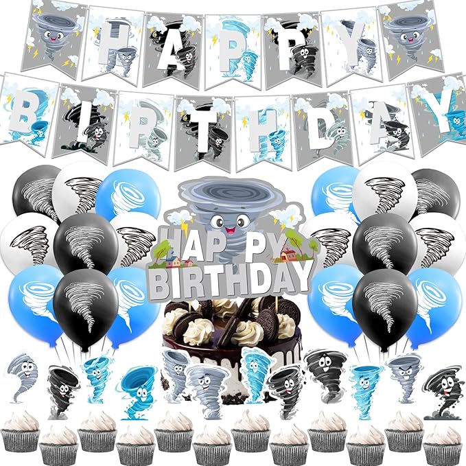 Tornado Party Decorations Tornado Birthday Decorations Set, Tornado Party Supplies Includes Birthday Banner, Cake Topper, Cupcake Toppers, Latex Balloons