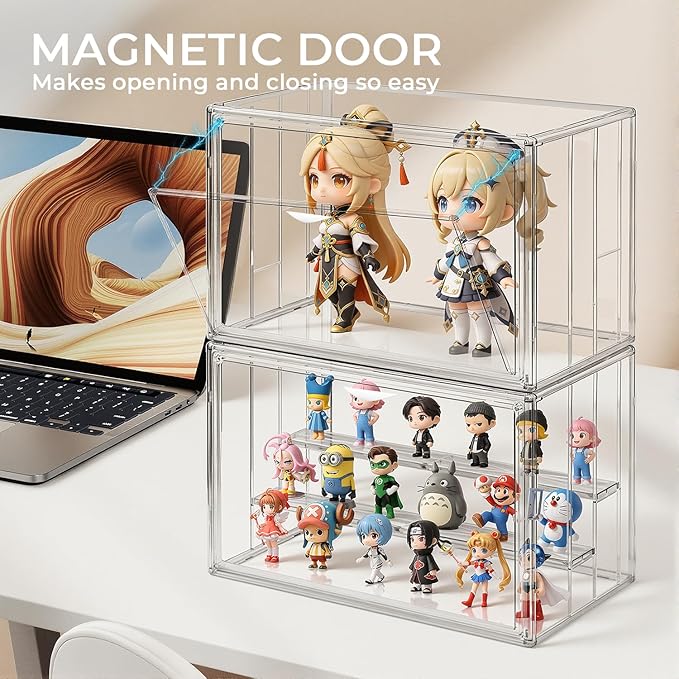 Clear Acrylic Display Case for Collectibles 3 Layer Adjustable Figure Display Box with 2 Movable Plates, Stackable Figurine Display Shelf with Magnetic Door for Action Figures, Funko (AY03-XLarge-2)