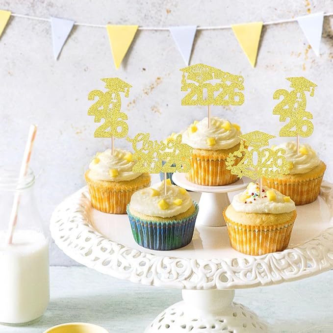 Graduation Cupcake Toppers 2026, Food/Appetizer Picks For Graduation Party Mini Cake Decorations 2026 Cupcake Toppers Graduation 24 Pieces (golden)