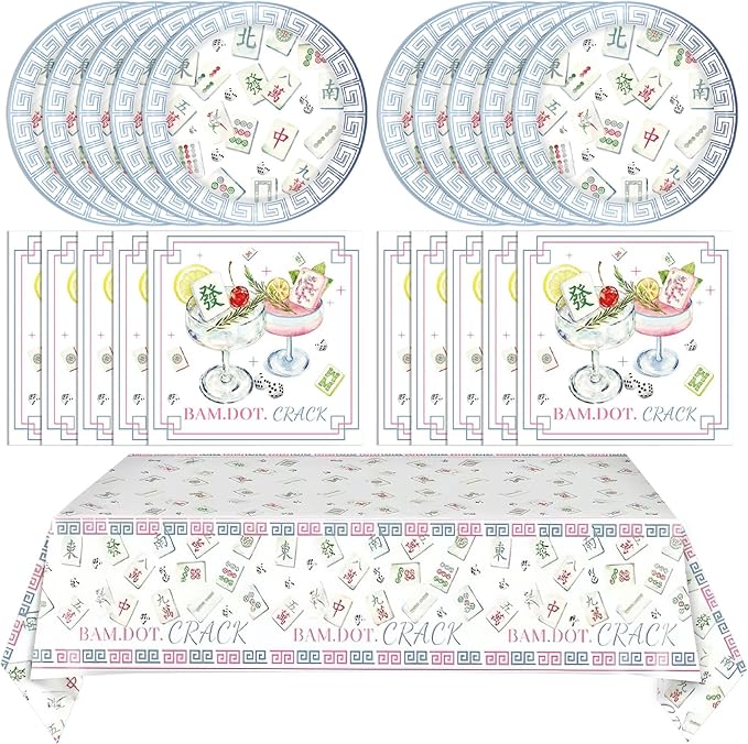 Mahjong Party Decorations 41PCS Mahjong-Themed Paper Tableware Includes Mahjong Plates and Napkins,Tablecloth Dinnerware Set for Home Kitchen Table Decor Special Events Game Night Party Supplies