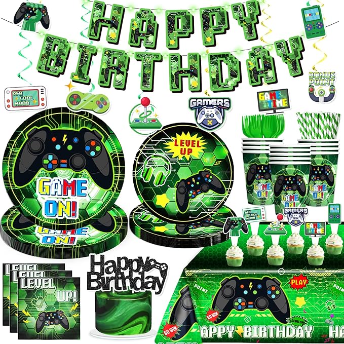 174 Pcs Video Game Birthday Decorations Tableware Set with Plates and Napkins, Serves 25, 2 Tablecloths, Banner, Cake Toppers, for Boys Gamer Birthday Party Decorations, Green