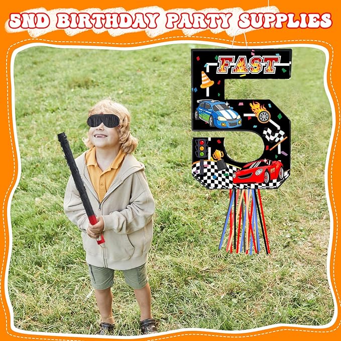Race Car Piñata Pull String Cars Piñatas for Birthday Party Decorations Number 2 3 4 5 6 with Blindfold Stick Small Red Black Racing Theme 2nd 3rd 4th 5th 6th Party Supplies(Number 5)