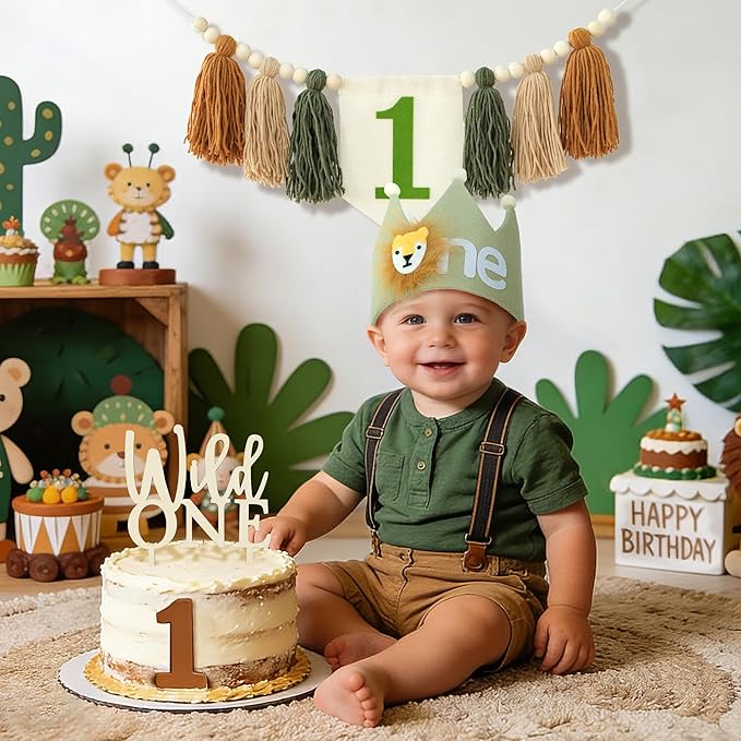 Wild One 1st Highchair Banner Wood Bead Tassel Garland Lion Crown Hat Wooden Cake Topper Birthday Party Decorations