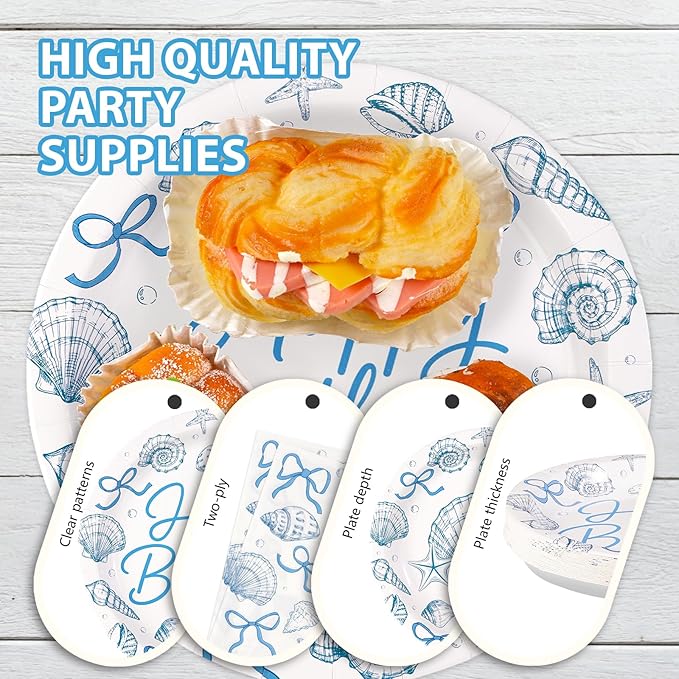 96Pcs Seashell Birthday Party Decorations Blue Bow Seashell Ocean Dessert Plates and Napkins Beach Starfish Tableware Set for Summer Kids Girls Boys Birthday Party Supplies Serves 24