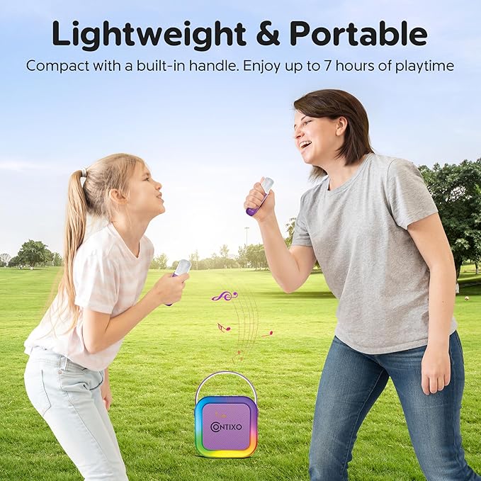 Contixo KS1 Mini Karaoke Machine for Kids, Portable Bluetooth Speaker with 2 Wireless Microphones & Dynamic Lights for Boys & Girls, Home Party Entertainment Toy (Purple)