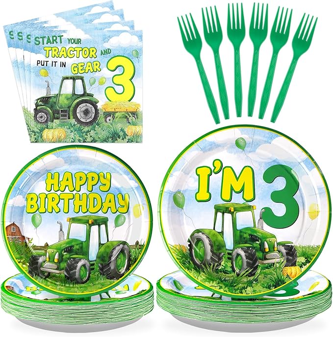 Grencian 96Pcs Tractor Birthday Party Decorations Tractor 3rd Birthday Party Plates Disposable Green Tractors Paper Tableware Set for Kids Boys 3 Years Old Supplies Serves 24