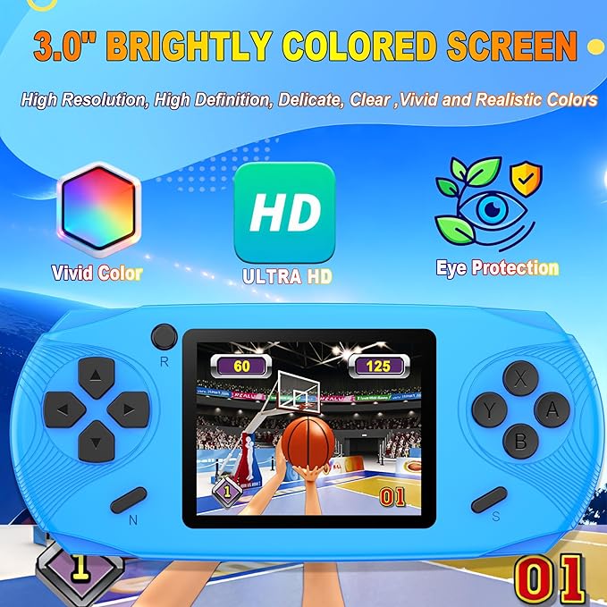 16 Bit Handheld Games for Kids Adults 3.0'' Large Screen Preloaded 220 HD Classic Retro Video Games USB Rechargeable Seniors Electronic Game Player Birthday Xmas Present (Blue)