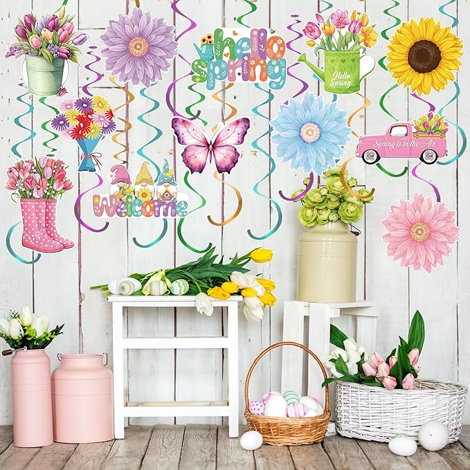 Spakon 72 Pcs Hello Spring Hanging Swirl Decorations Spring Party Decoration Assorted Sunflower Tulips Trucks Gnome Butterfly Ceiling Decor for Office Party Favors Home Supplies