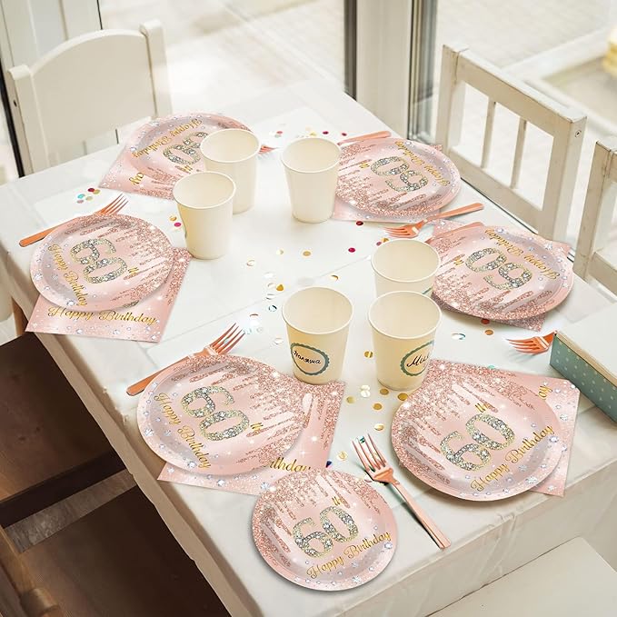 ZOIIWA 96 Pieces 60th Birthday Party Tableware Set for Pink Rose Gold 60th Paper Table Decorations Supplies Pink Rose Gold Happy 60 Birthday Dessert Plates Napkins Forks for 24 Guests Women Supplies