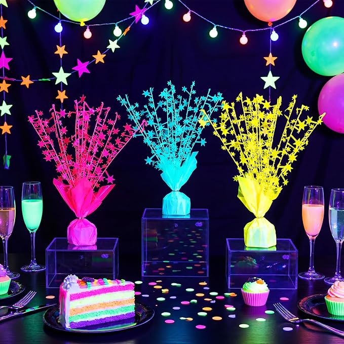 6 Pack Glow in the Dark Metallic Foil Spray Centerpiece Neon Star Table Decoration Fluorescence Tabletop Centerpieces for Glitter Neon Birthday Party Graduation Holiday Party Supplies