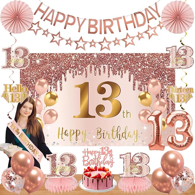 13th Birthday Decorations for Girls, Pink Rose Gold Happy 13 years old Birthday Banner Backdrop Balloons Sash Table Cake Topper Honeycomb Centerpieces Hanging Swirls Paper Fans Party Supplies