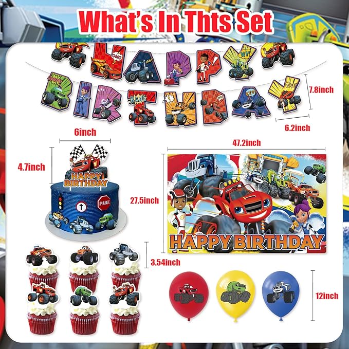 42pcs Blaze and the monster Birthday Party Supplies Pack Includes，Banner，Cake Topper，Blackdrop,Balloons for Blaze Party Supplies