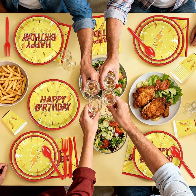 168 Pcs Lightning Bolt Birthday Party Decorations Lightning Paper Plates and Napkins Yellow Red Cartoon Tableware Set for Light Birthdays Baby Shower Party Supplies, Serves 24