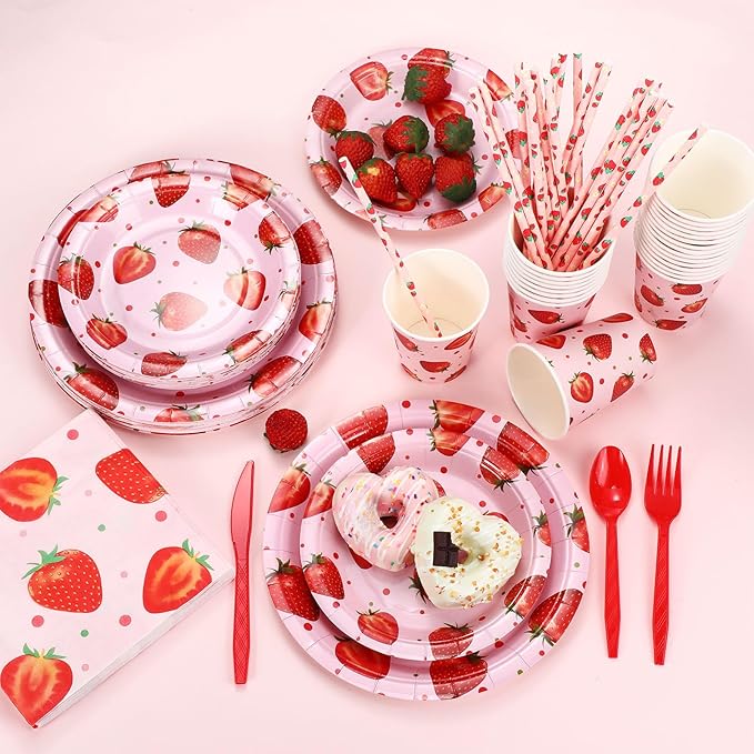 Sawysine 202 Pcs Strawberry Party Supplies Disposable Dinnerware Set 50 Plates 25 Cups 25 Napkins 25 Plastic Forks 25 Knives 25 Spoons 25 Straw Flag Tablecloth to Serve 25 Guests