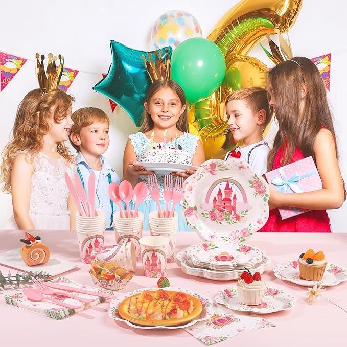 175PCS Pink Princess Birthday Party Decorations, Pink Four Ever a Princess Plates and Napkins Party Supplies, Scalloped Castle Paper Plates Disposable for Baby Shower Girl Birthday Party Decorations