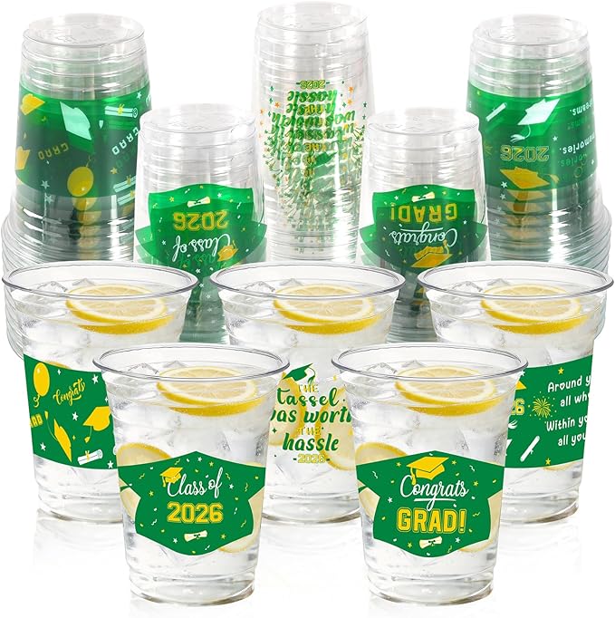 GuassLee Green and Gold Graduation Decorations Class of 2026, 50 Pack 12 oz Graduation Plastic Disposable Cups for Drinks 2026 School Grad Party Favors Supplies