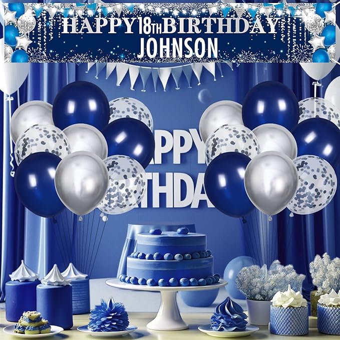 Large Blue Birthday Decorations Banner with Personalized Letter Stickers and Balloons DIY Navy Blue Silver Happy Birthday Yard Banner Custom Bday Sign for Men Women Bday Party Supplies Outdoor