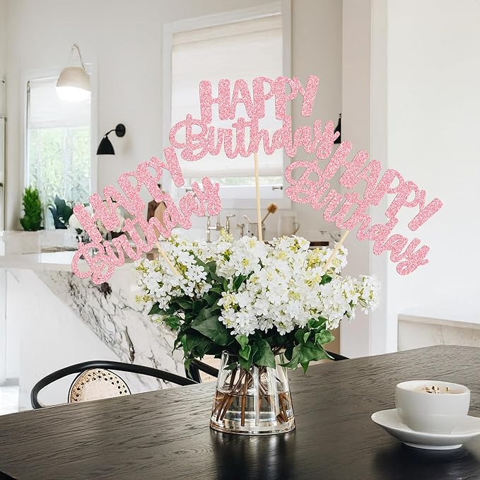 Gyufise 12Pcs Happy Birthday Centerpieces Sticks Double Sided Glitter Birthday Party Decorations Anniversary Table Flower Centerpiece for Celebrating Party Supplies Pink