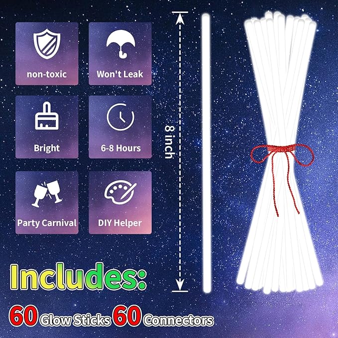 60 Pack 8” White Glow Sticks Bulk with 60 Connectors Neon Glow In The Dark Party favors Supplies for Holiday Birthday Party Decoration (White)