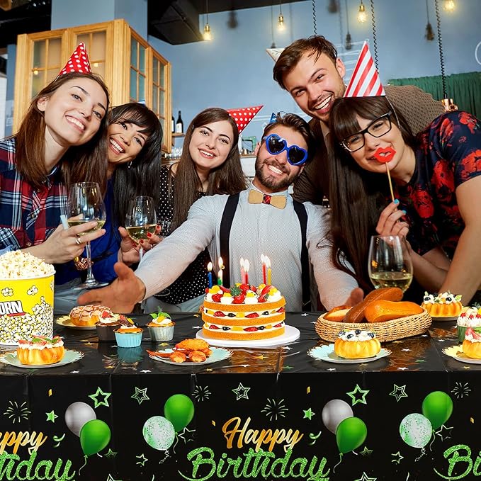 Breling Birthday Party Supplies Confetti Sprinkles Happy Birthday Tablecloths Starry Table Covers for Party Decorations, 54 x 108 Inches(Green and Black,3 Pack)