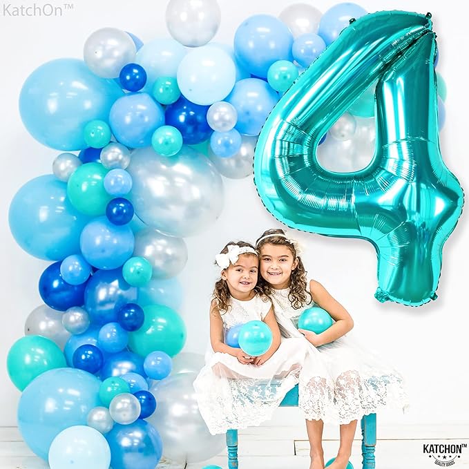 KatchOn, Giant Aqua Blue Number 4 Balloon - 40 Inch | Mermaid Number 4 Balloon for Birthdays | 4th Birthday Balloons, Mermaid Birthday Decorations | Teal 4 Balloon for Aqua Blue Party Decorations